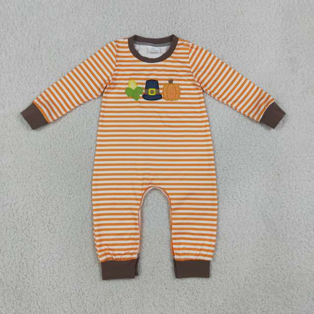 LR3037 Baby orange stripe pumpkin corn hat embroidery Long sleeve thanksgiving Rompers