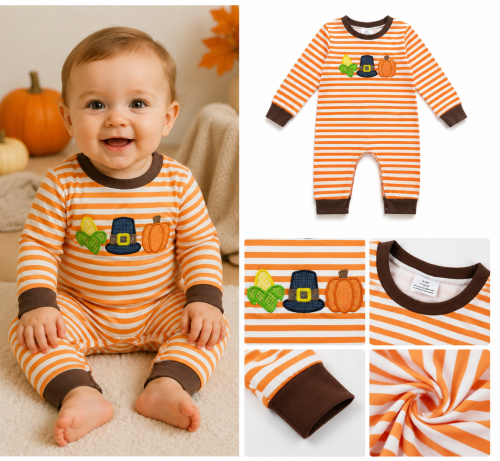 LR3037 Baby orange stripe pumpkin corn hat embroidery Long sleeve thanksgiving Rompers