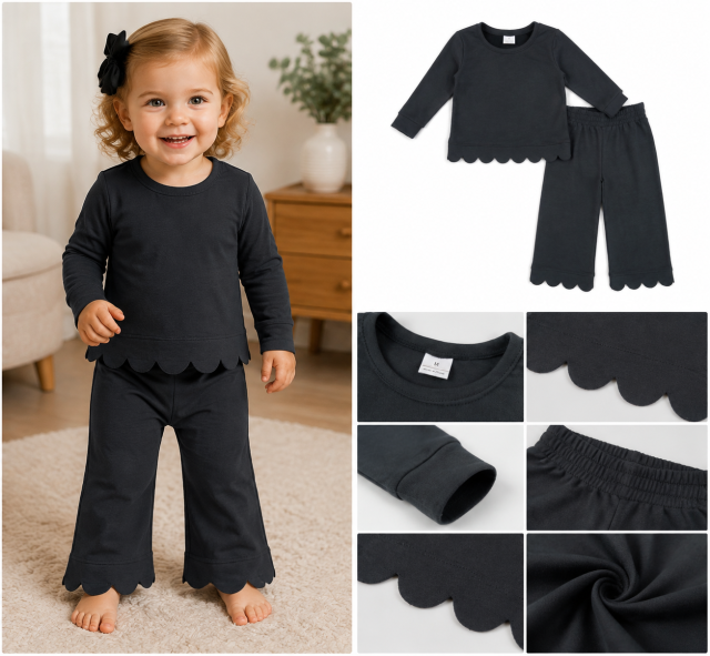 GLP3290  Black Solid scallop Print long sleeve girl outfits