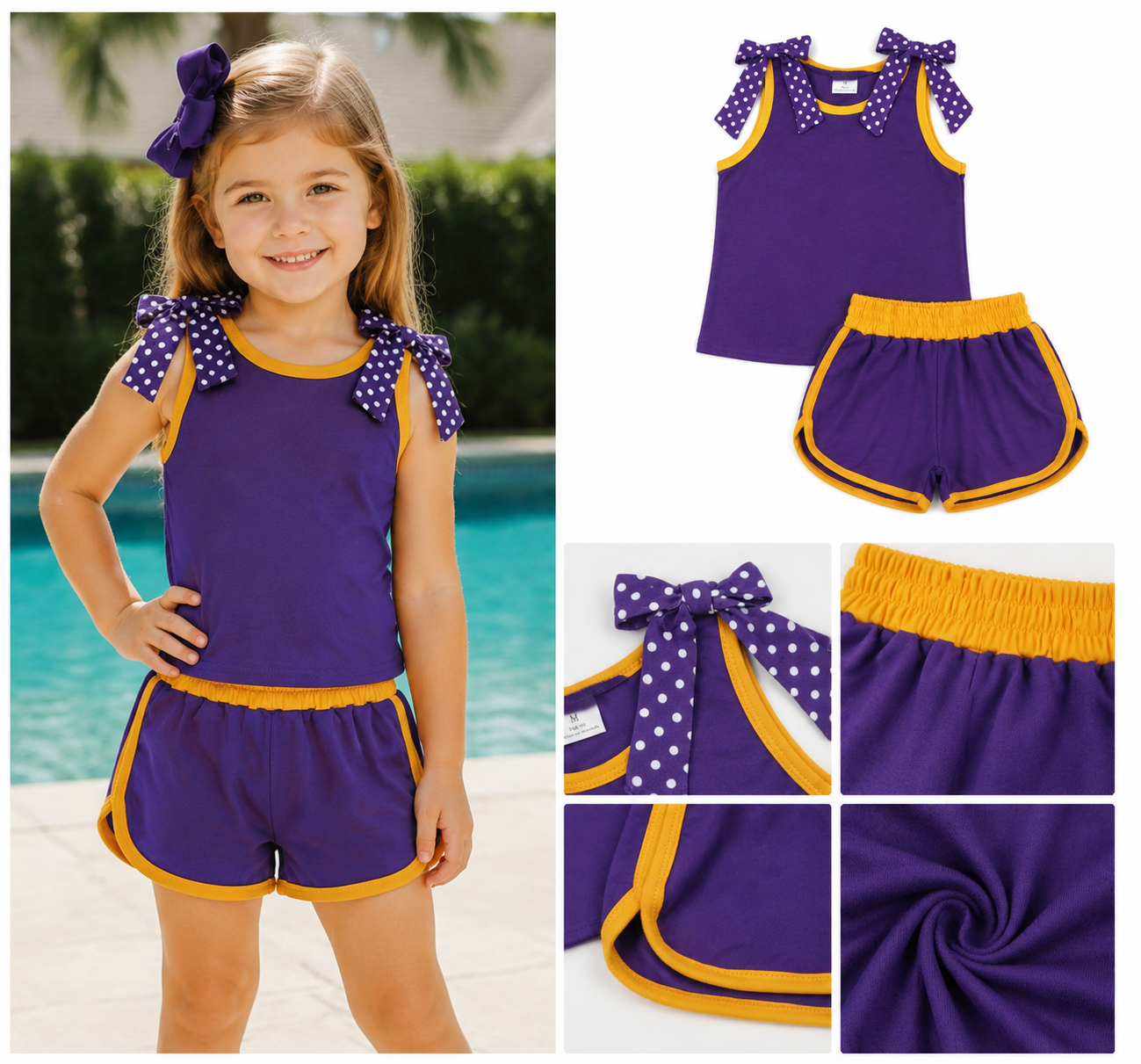 GSSO3826 Baby Girls Purple white polka Bows purple Sleeveless Top Short school Team Clothes Sets