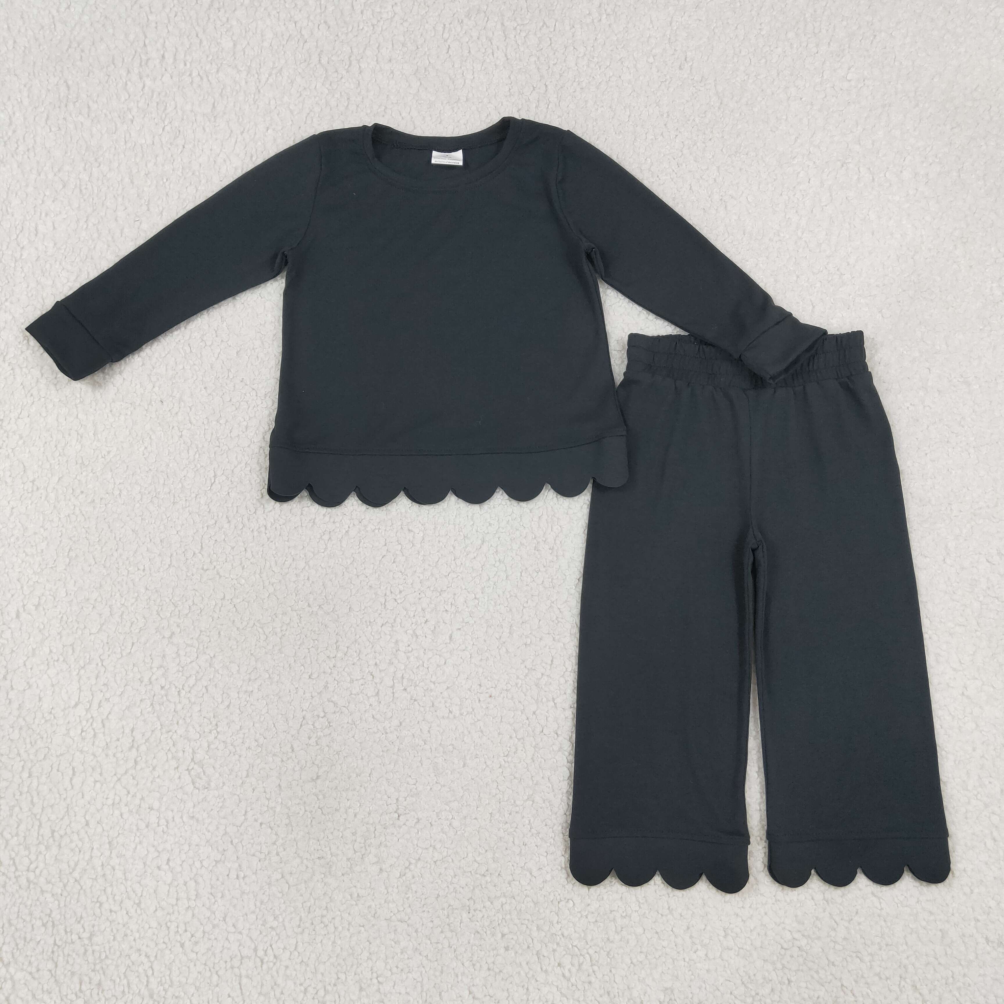 GLP3290  Black Solid scallop Print long sleeve girl outfits