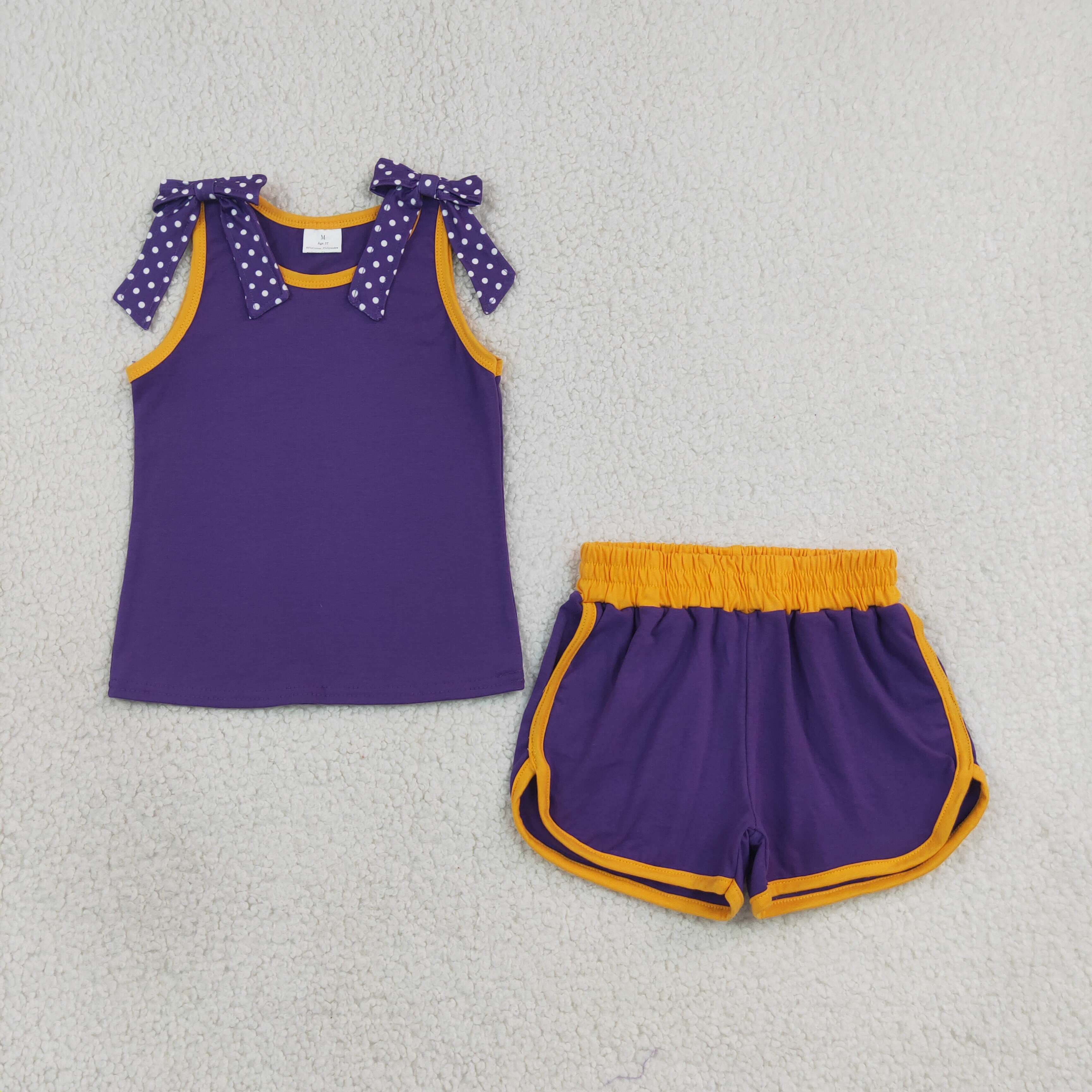 GSSO3826 Baby Girls Purple white polka Bows purple Sleeveless Top Short school Team Clothes Sets