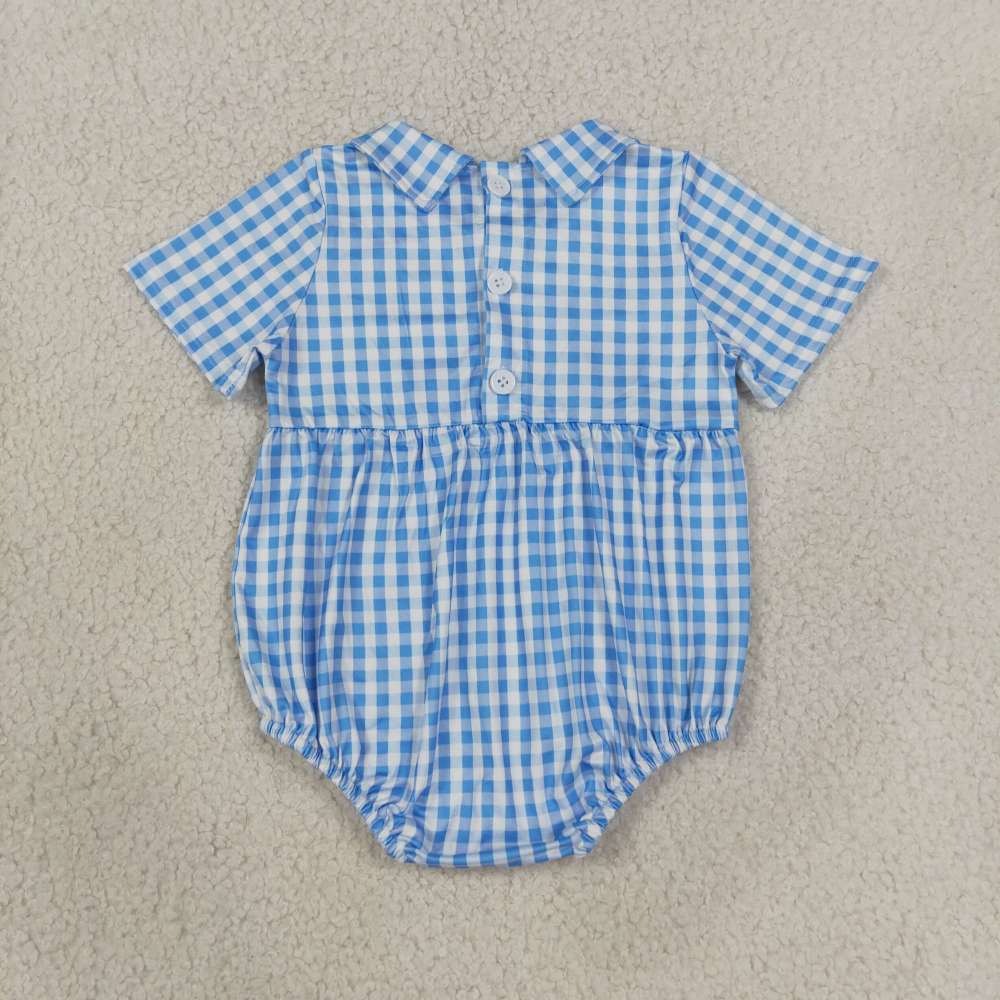 SR4231 RTS boy Blue plaid baby brother smock short sleeve baby romper