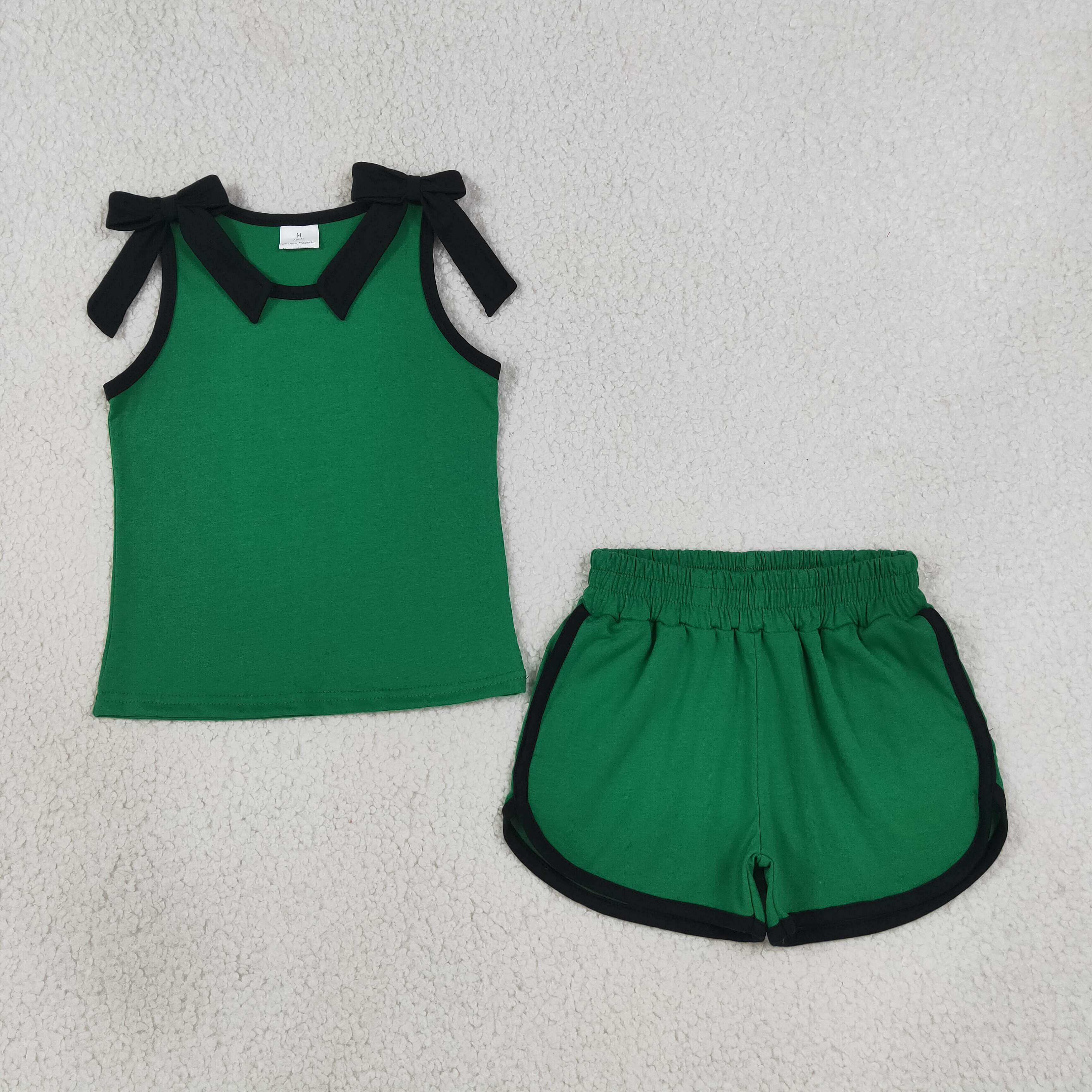 GSSO3825 Baby Girls Black Bows green Sleeveless Top Short school Team Clothes Sets