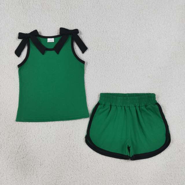 GSSO3825 Baby Girls Black Bows green Sleeveless Top Short school Team Clothes Sets