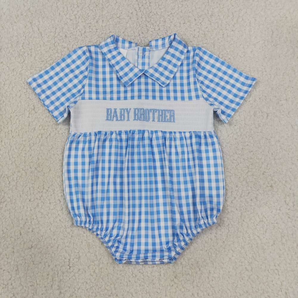 SR4231 RTS boy Blue plaid baby brother smock short sleeve baby romper