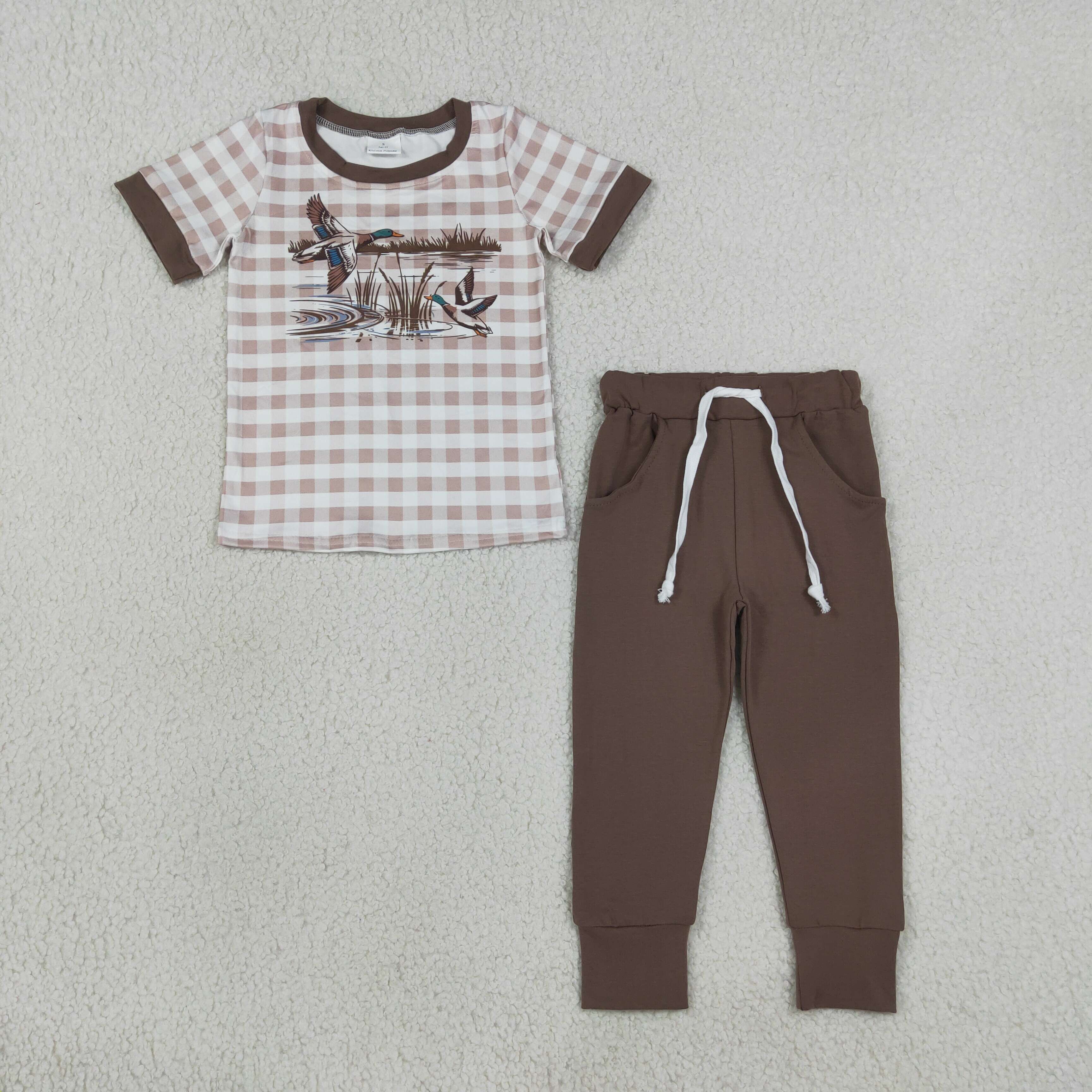 BSPO0689 RTS Brown plaid duck print short sleeve boy outfits