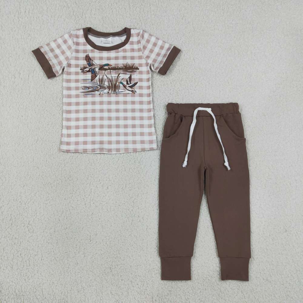 BSPO0689 RTS Brown plaid duck print short sleeve boy outfits