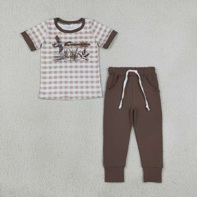BSPO0689 RTS Brown plaid duck print short sleeve boy outfits