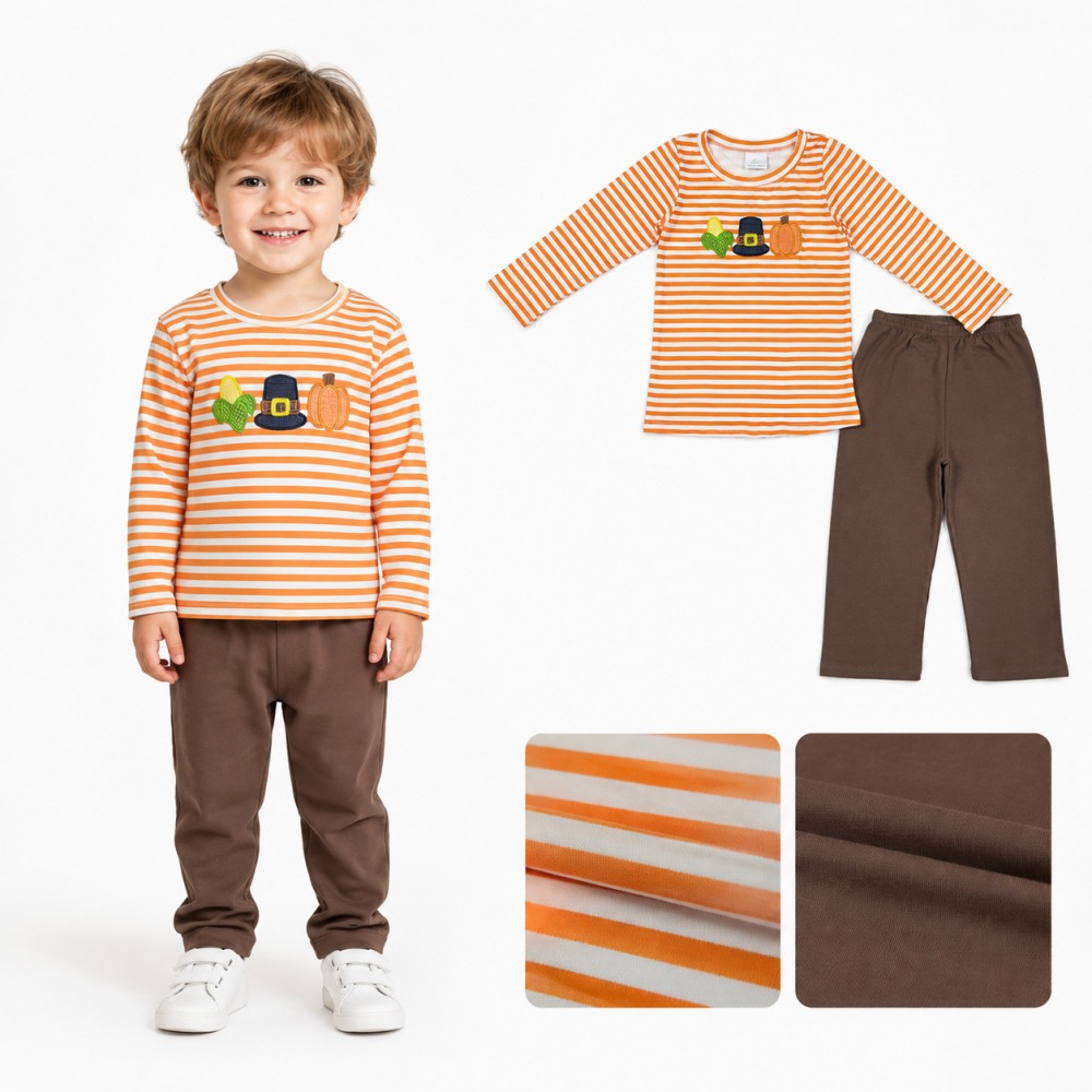 BLP1442 RTS Orange stripe hats pumpkin corn embroidery long sleeve boy outfits