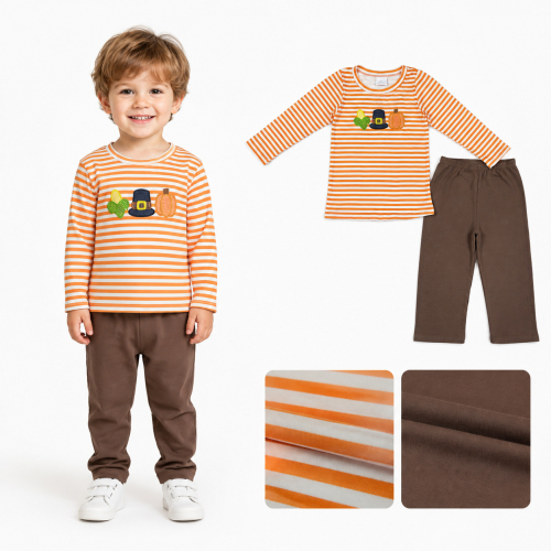 BLP1442 RTS Orange stripe hats pumpkin corn embroidery long sleeve boy outfits