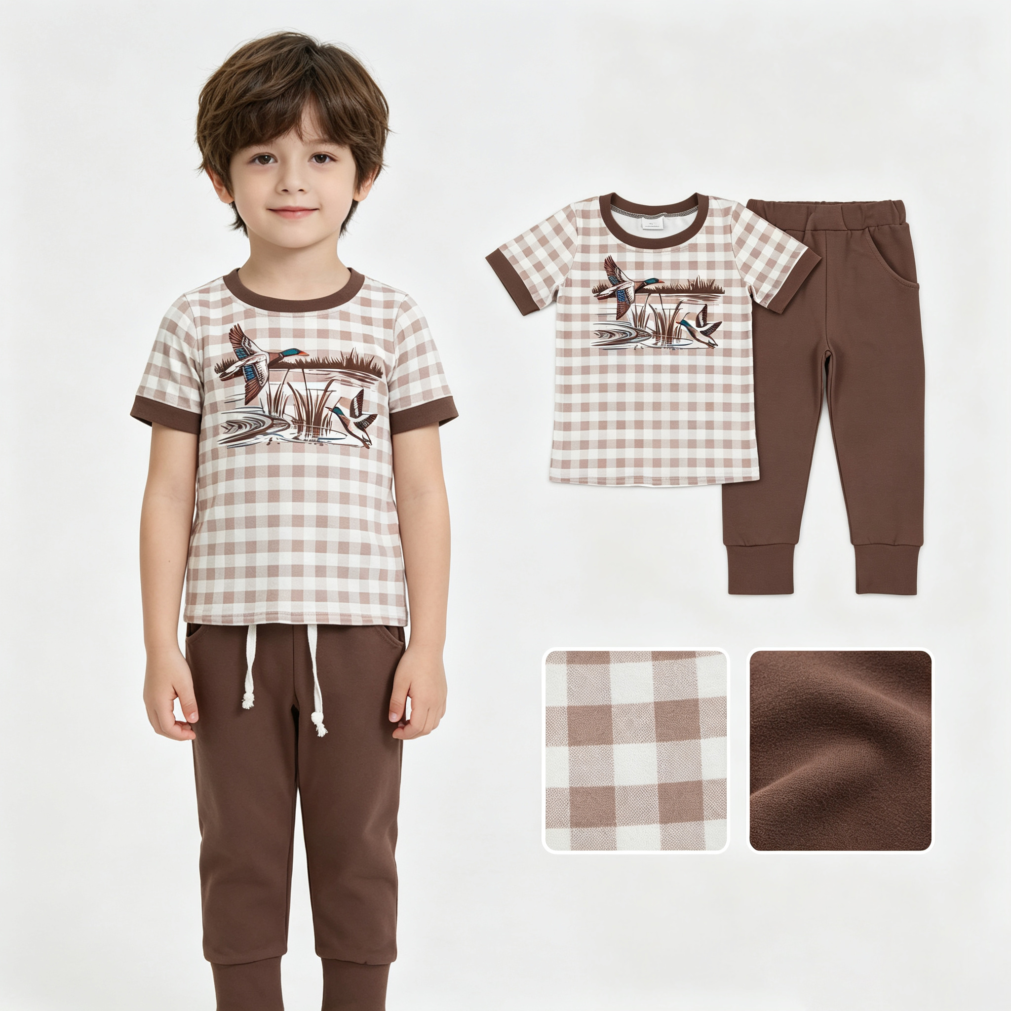 BSPO0689 RTS Brown plaid duck print short sleeve boy outfits