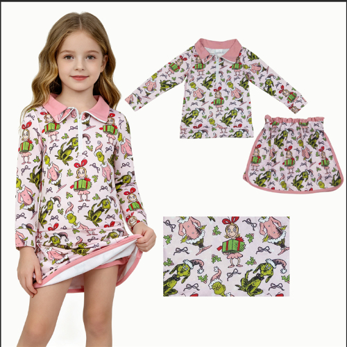 GLD1610 Christmas Blue Green face gift print Zipper Long Sleeve Skirt Set