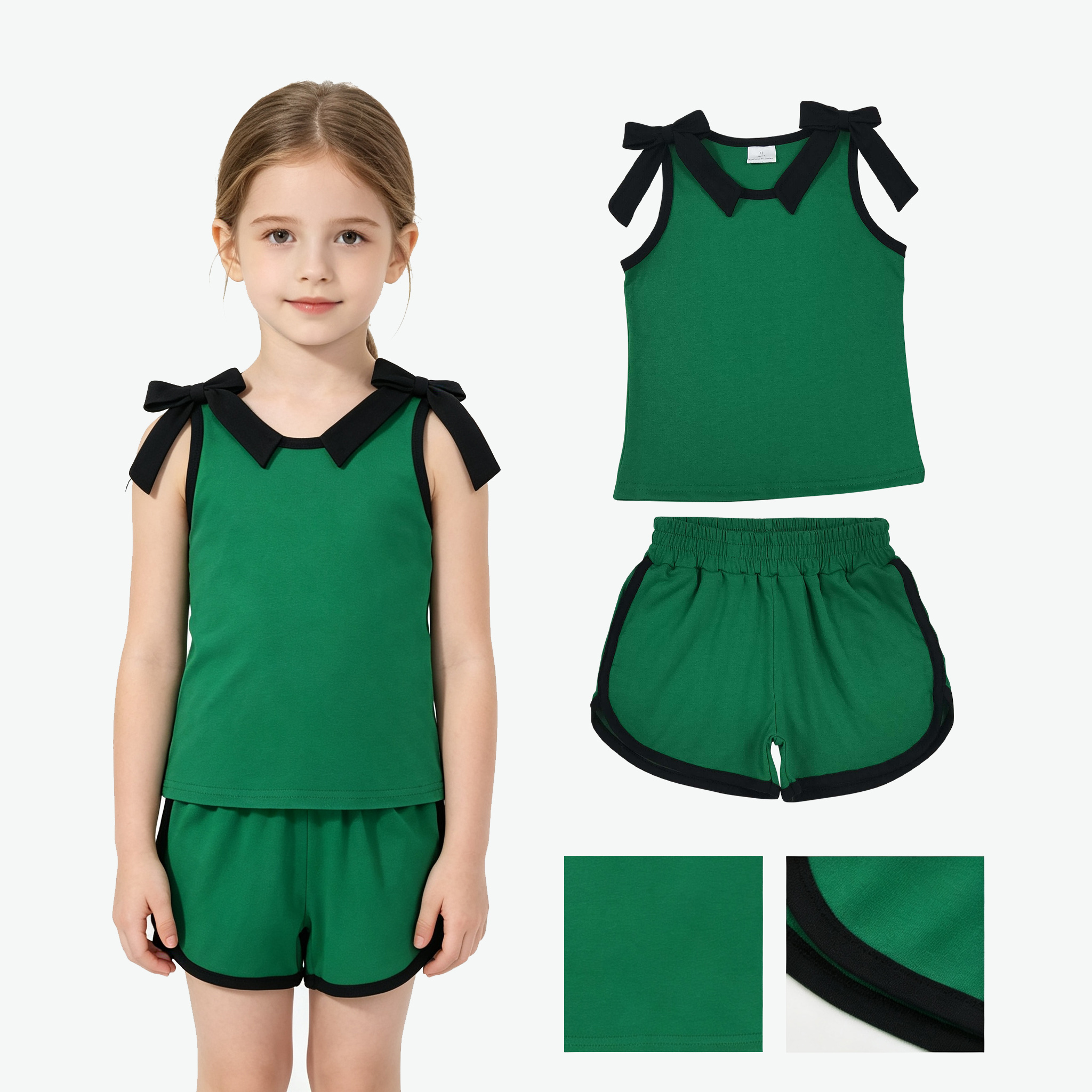 GSSO3825 Baby Girls Black Bows green Sleeveless Top Short school Team Clothes Sets