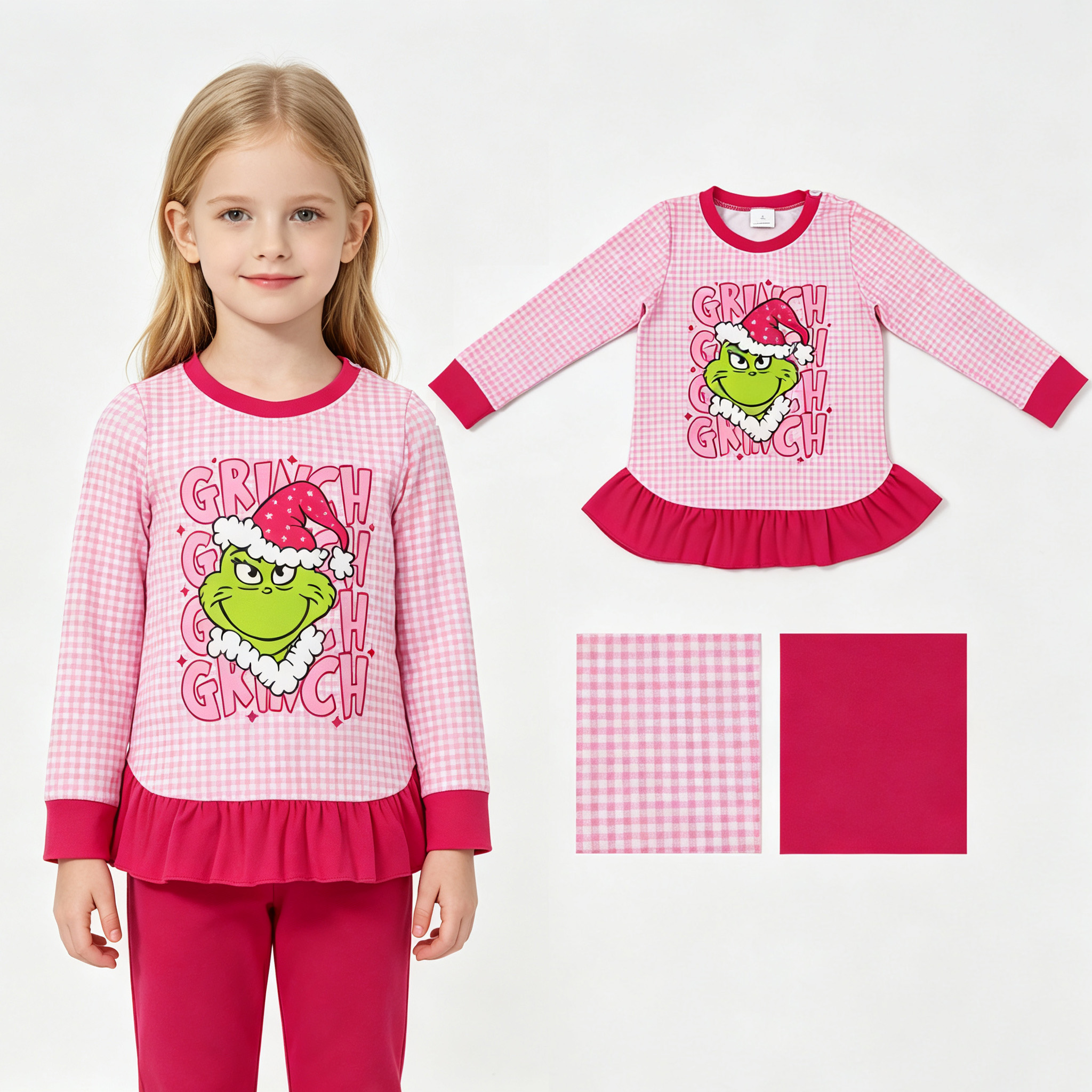 RTS GT1154 Pink Plaid Christmas green face long sleeve girl  pullover