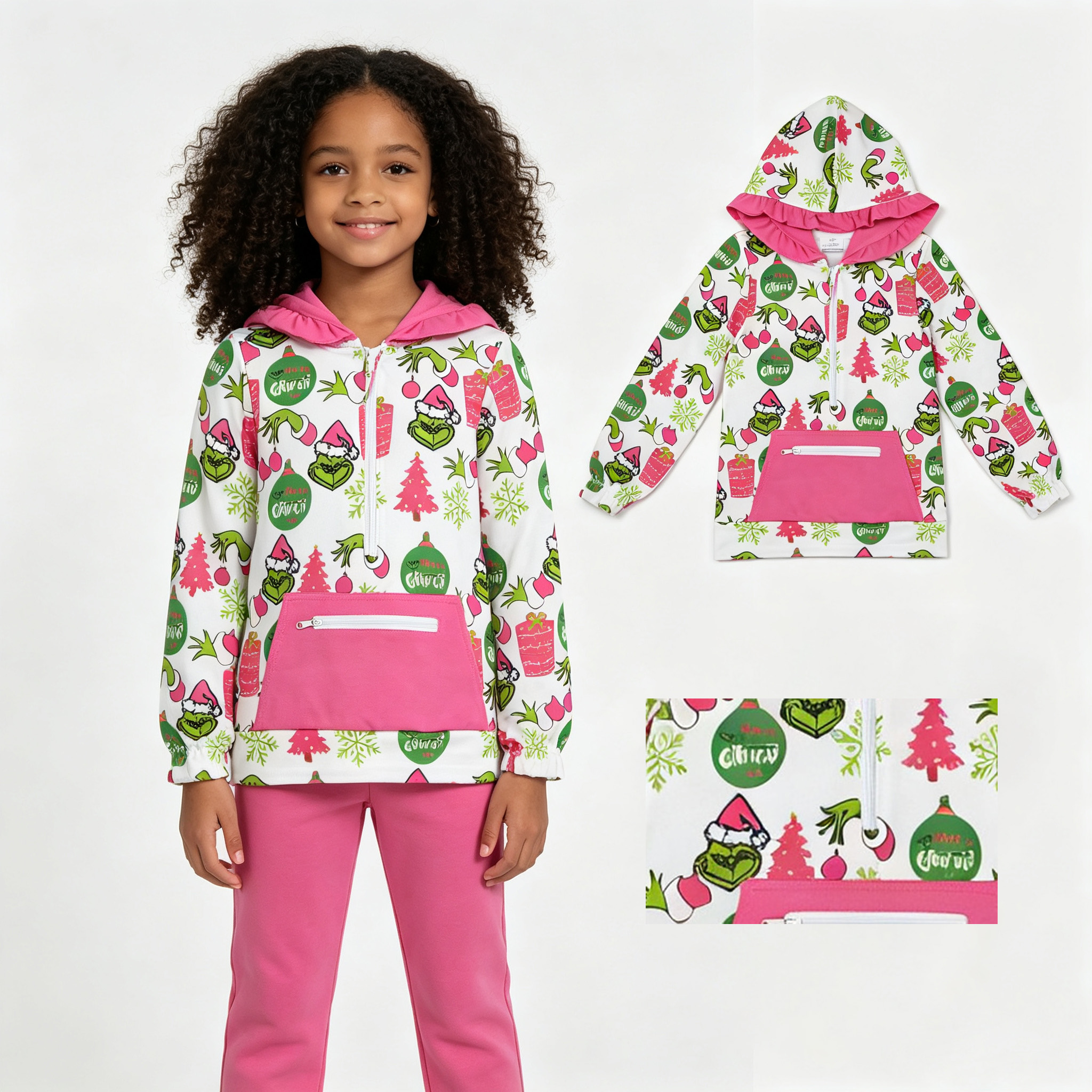 RTS GT1164  Christmas trees gift pink  long sleeve girl zipper pullover