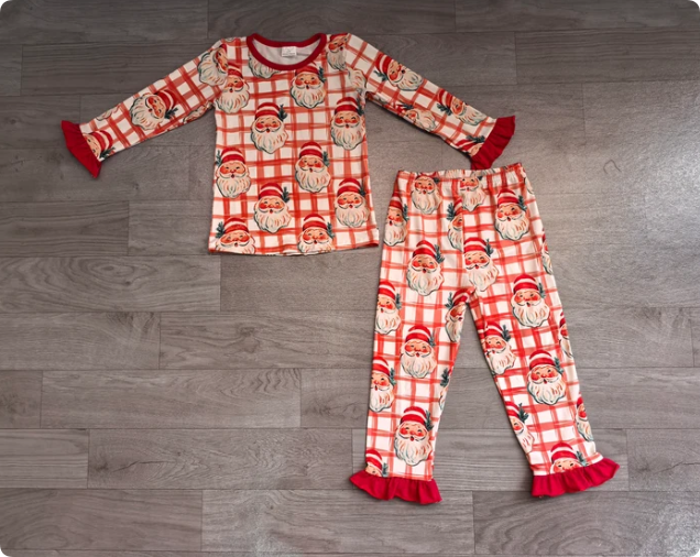 Baby Girls Red Checked Santa Top Ruffle Pants Christmas Pajamas Sets Preorder