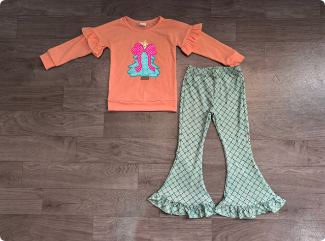 Embroidery Bow Trees Baby Girls Polka Dots Top Ruffle Pant Christmas Clothes Sets Preorder