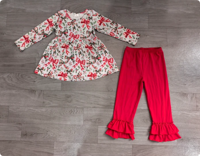Baby Girls Checked Bows Holly Top Ruffle Pant Christmas Clothes Sets Preorder