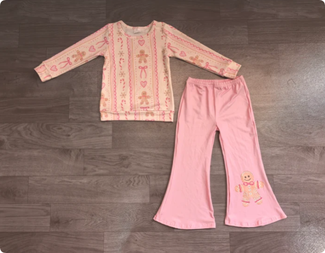 Baby Girls Bows Gingerbread Stripe Top Flare Pant Christmas Clothes Sets Preorder