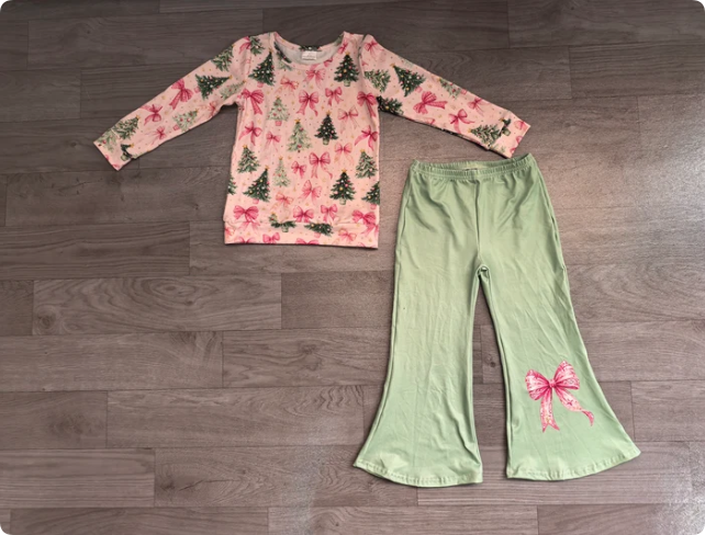 Baby Girls Bows Trees Top Flare Pant Christmas Clothes Sets Preorder