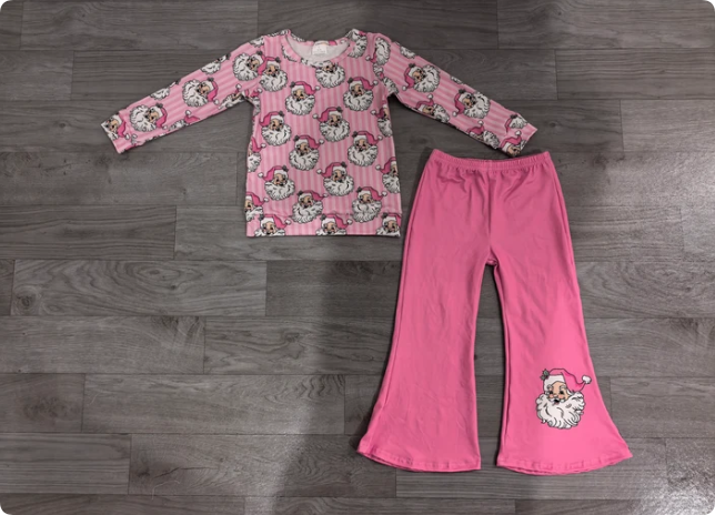 Baby Girls Pink Stripe Santa Top Flare Pant Christmas Clothes Sets Preorder
