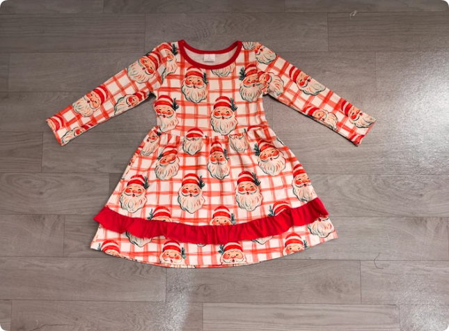 Baby Girls Red Checked Santa Ruffle Christmas Knee Length Dress Preorder