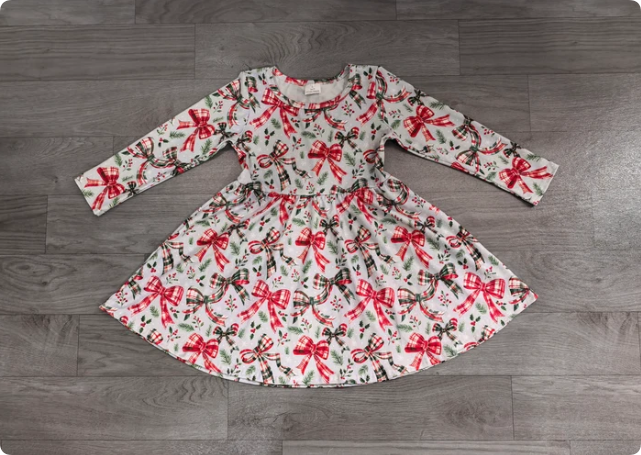 Baby Girls Green Red Checked Bows Flowers Christmas Knee Length Dress Preorder