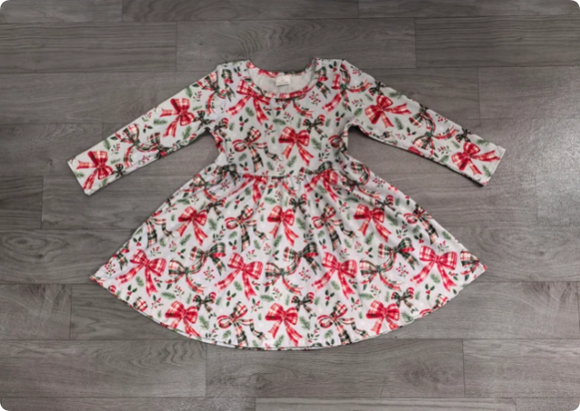 Baby Girls Green Red Checked Bows Flowers Christmas Knee Length Dress Preorder
