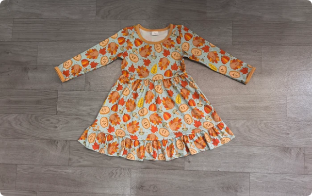 Baby Girls Pumpkins Turkey Thanksgivings Ruffle Knee Length Dress Preorder