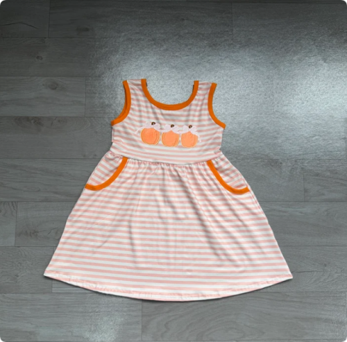 Embroidery Bow Pumpkins Baby Girls Stripe Fall Pockets Knee Length Dress Preorder