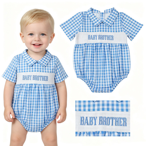 SR4231 RTS boy Blue plaid baby brother smock short sleeve baby romper
