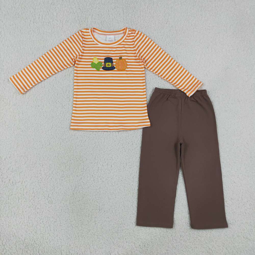 BLP1442 RTS Orange stripe hats pumpkin corn embroidery long sleeve boy outfits