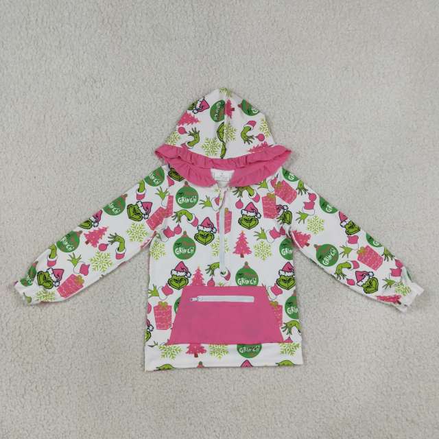RTS GT1164  Christmas trees gift pink  long sleeve girl zipper pullover