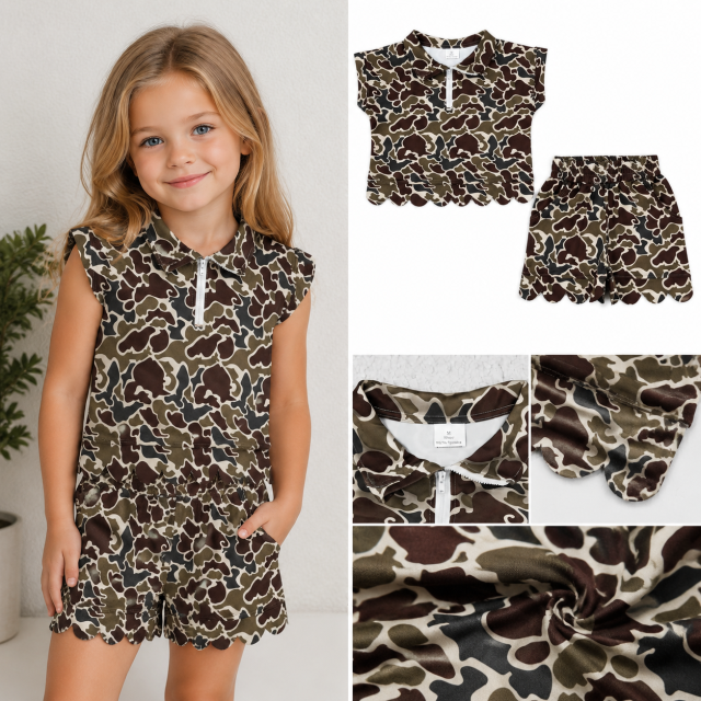 GSSO3569  Brown green camo Print Short sleeve girl SCALLOP  outfits