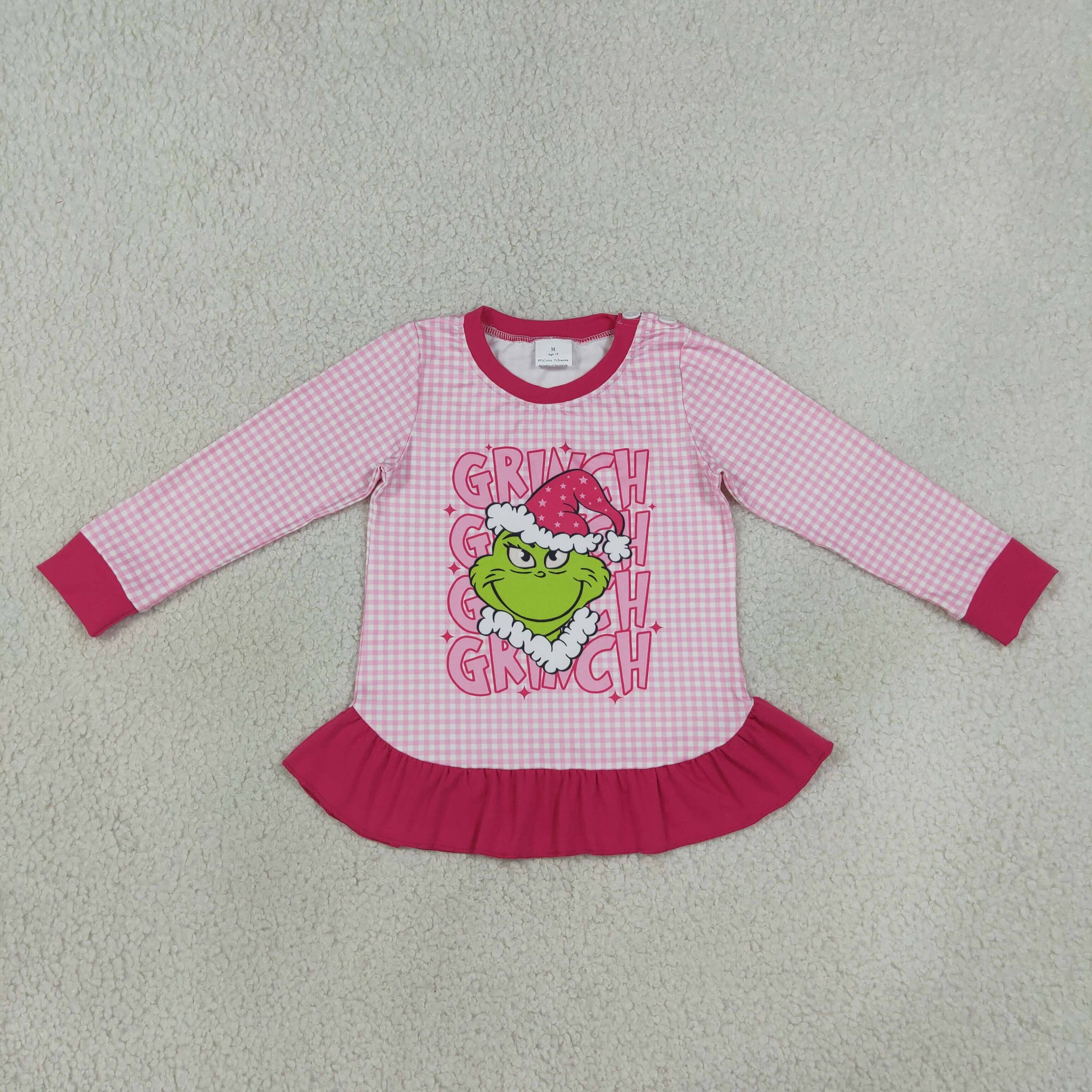 RTS GT1154 Pink Plaid Christmas green face long sleeve girl  pullover