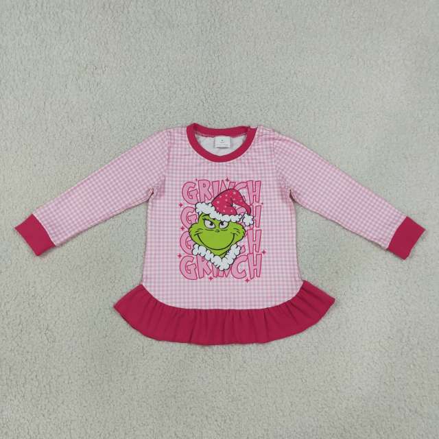RTS GT1154 Pink Plaid Christmas green face long sleeve girl  pullover