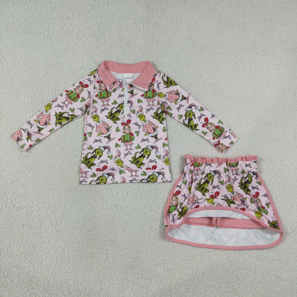 GLD1610 Christmas Blue Green face gift print Zipper Long Sleeve Skirt Set