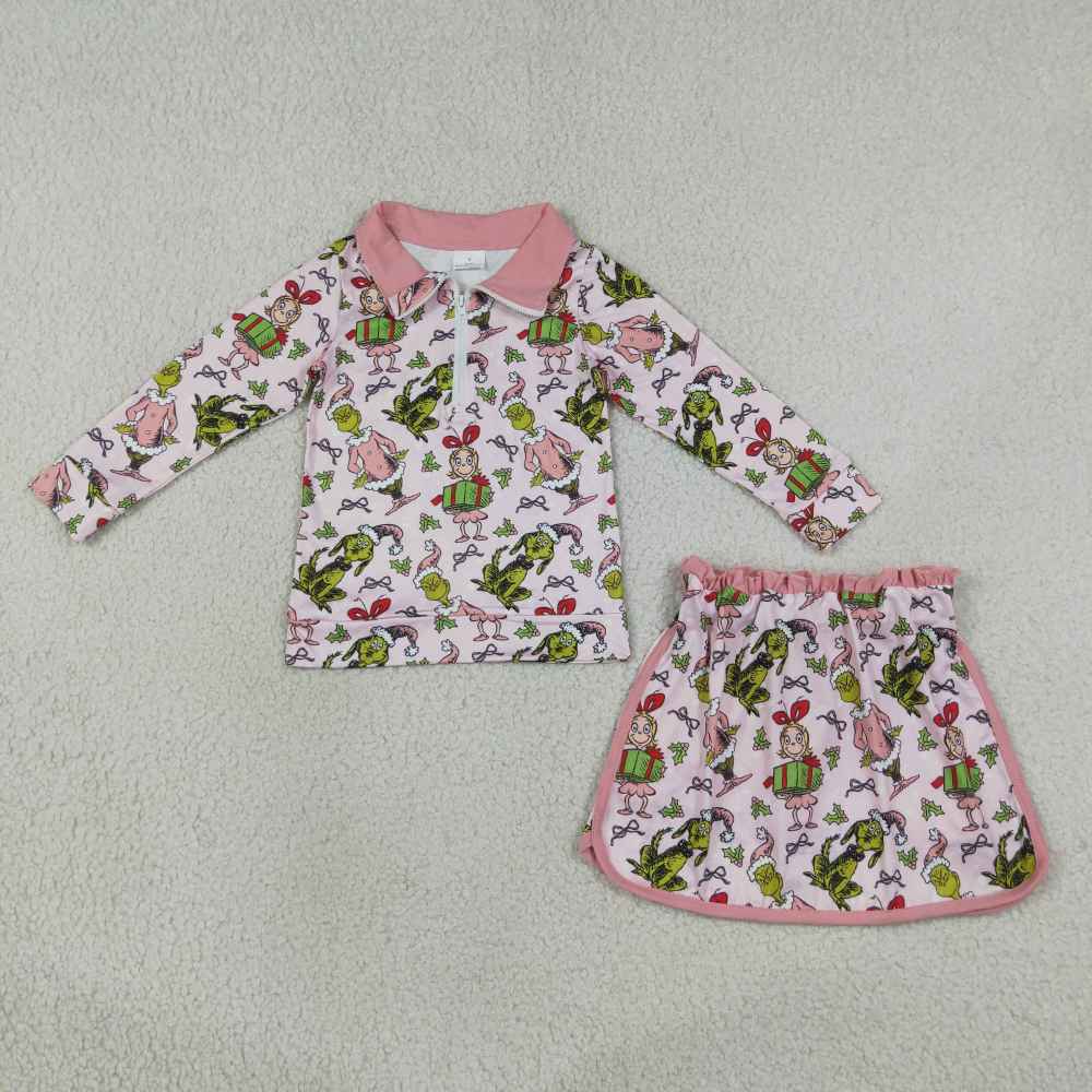 GLD1610 Christmas Blue Green face gift print Zipper Long Sleeve Skirt Set