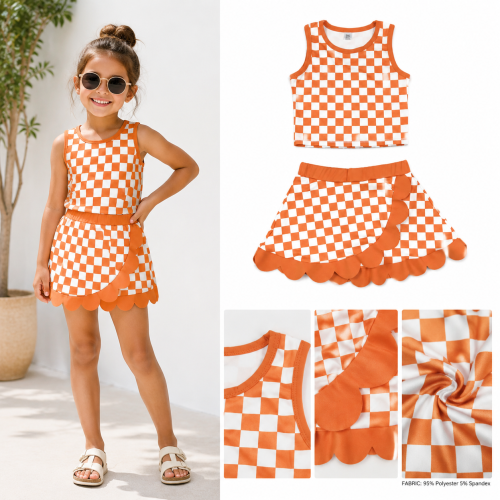 GSD4252  Orange white plaid scallop print active girl yoga skirt team scallop dress