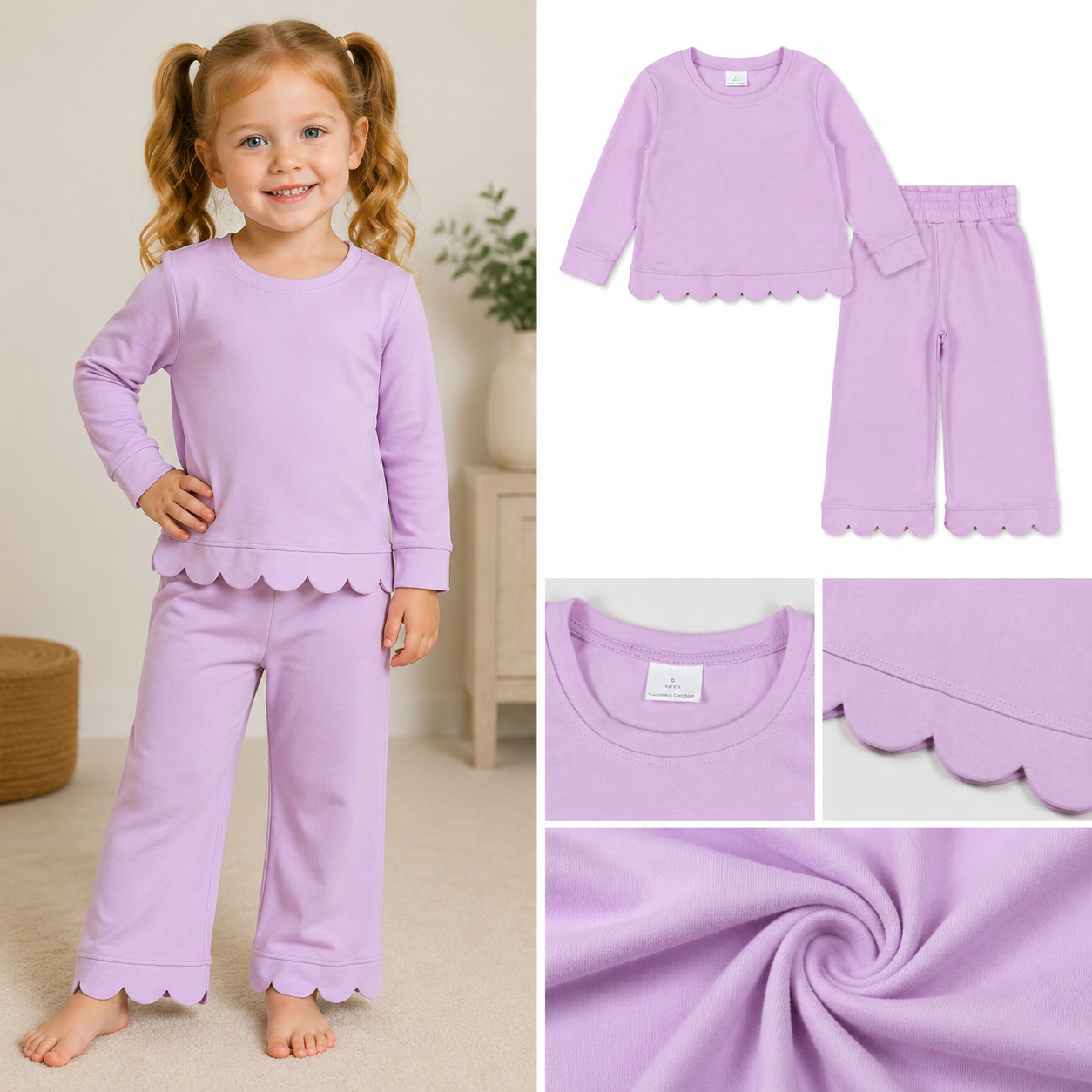 GLP32789  Light PURPLE Solid scallop Print long sleeve girl outfits