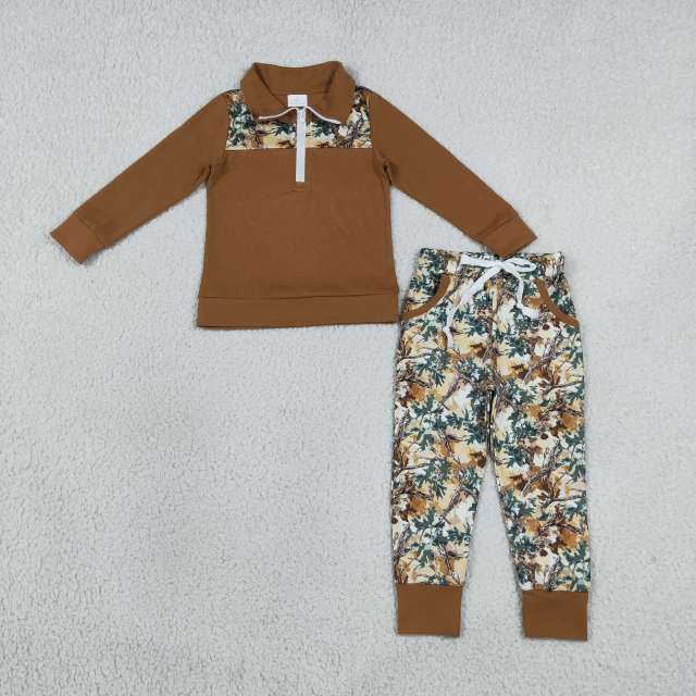 BSPO1447 RTS Brown Southern leaves print long sleeve boy outfits