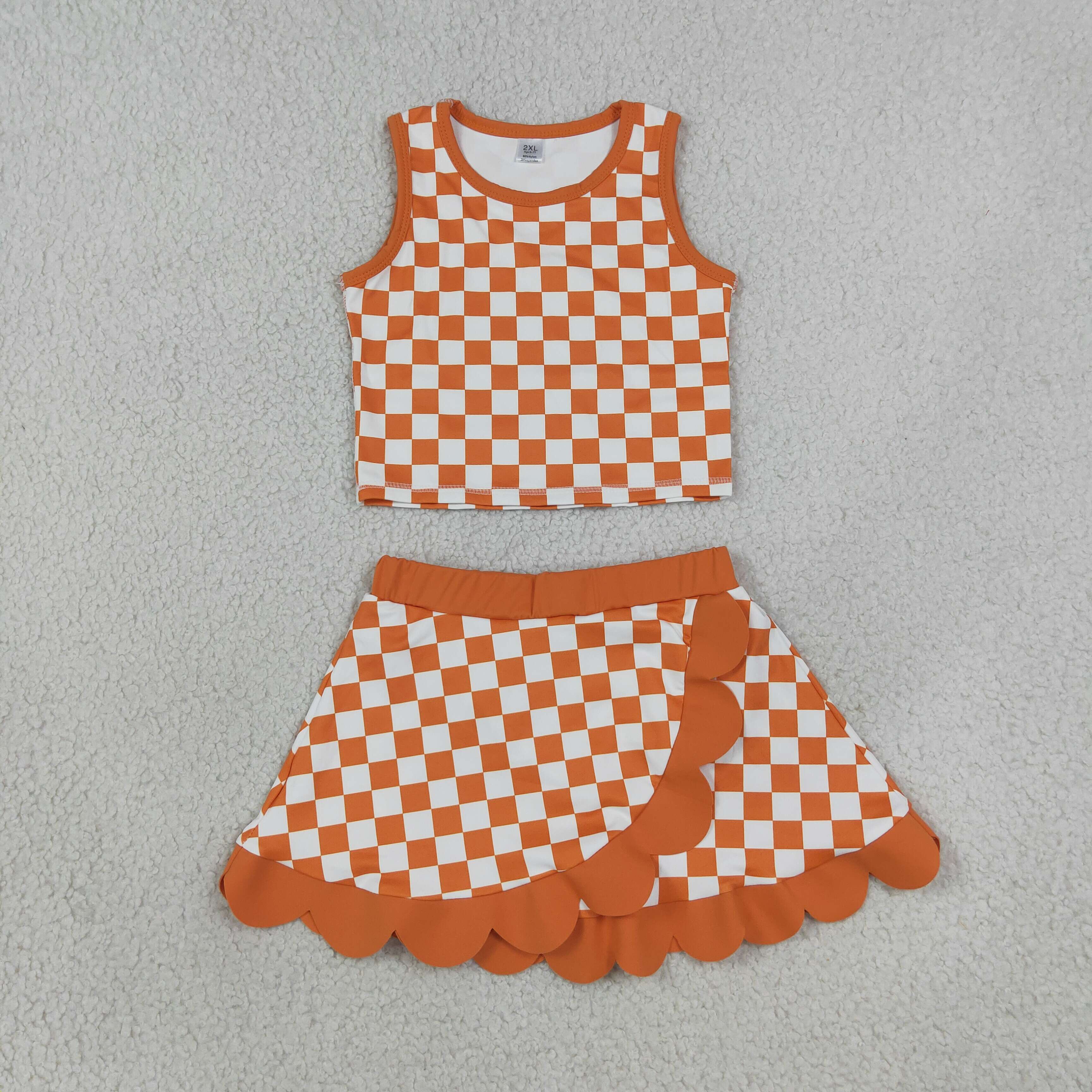 GSD4252  Orange white plaid scallop print active girl yoga skirt team scallop dress