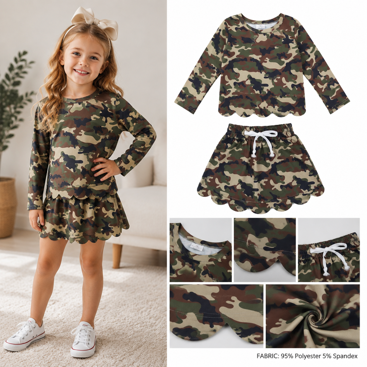 GLD1620  Brown green DUCK camo Print Long sleeve girl SCALLOP  outfits