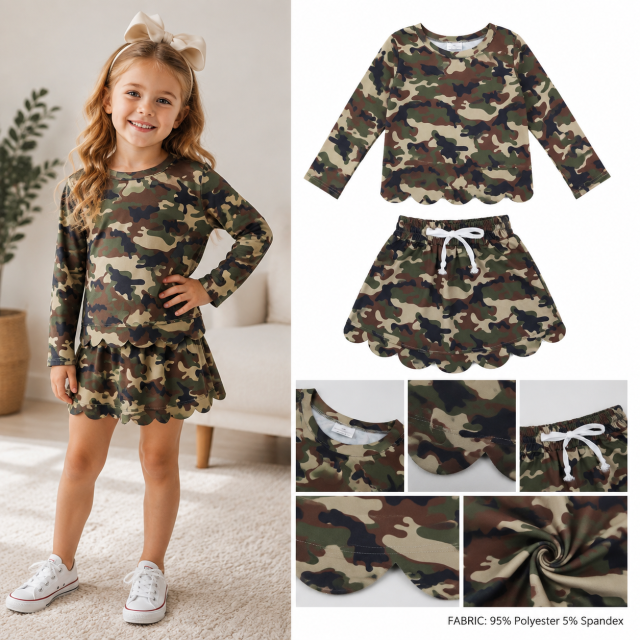 GLD1620  Brown green DUCK camo Print Long sleeve girl SCALLOP  outfits