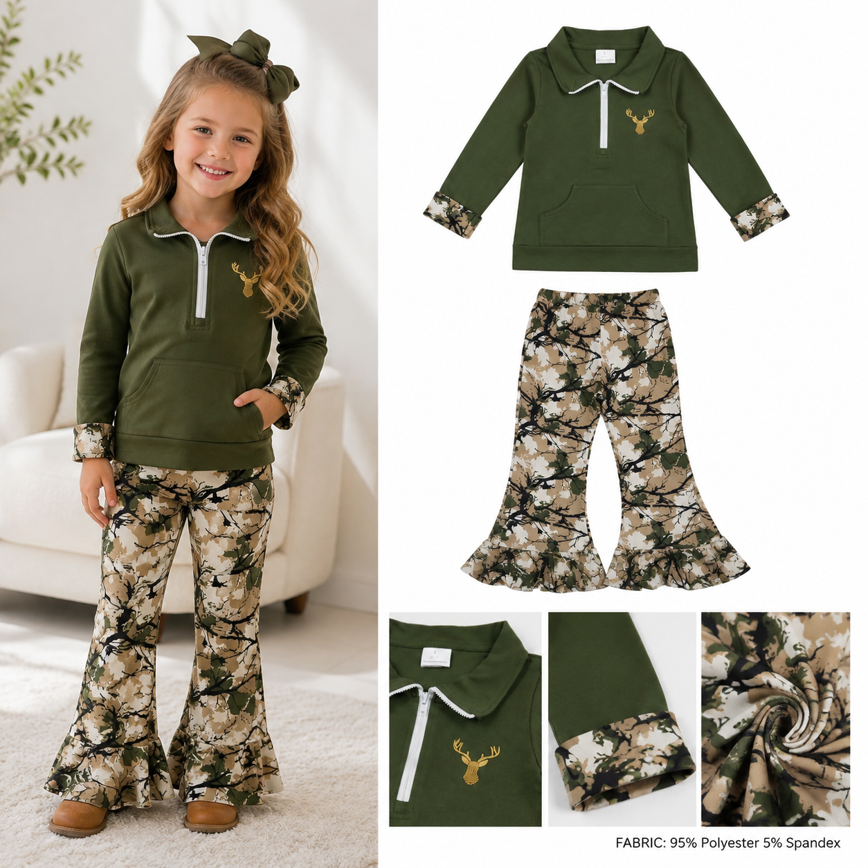 GLP3369  Green deer embroidery scallop Print long sleeve girl outfits