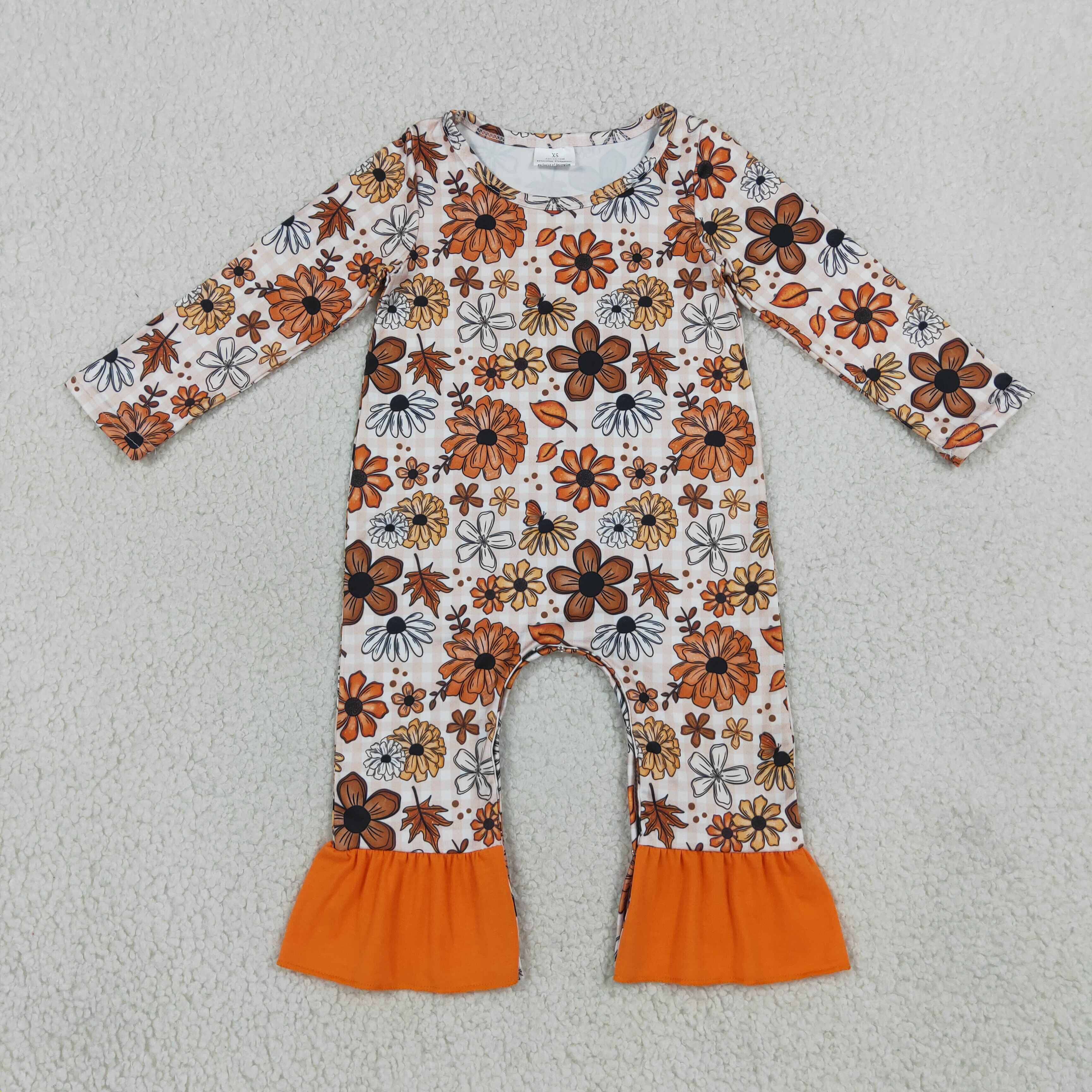 LR3025 Baby orange Flowers leaves Long sleeve fall season Rompers