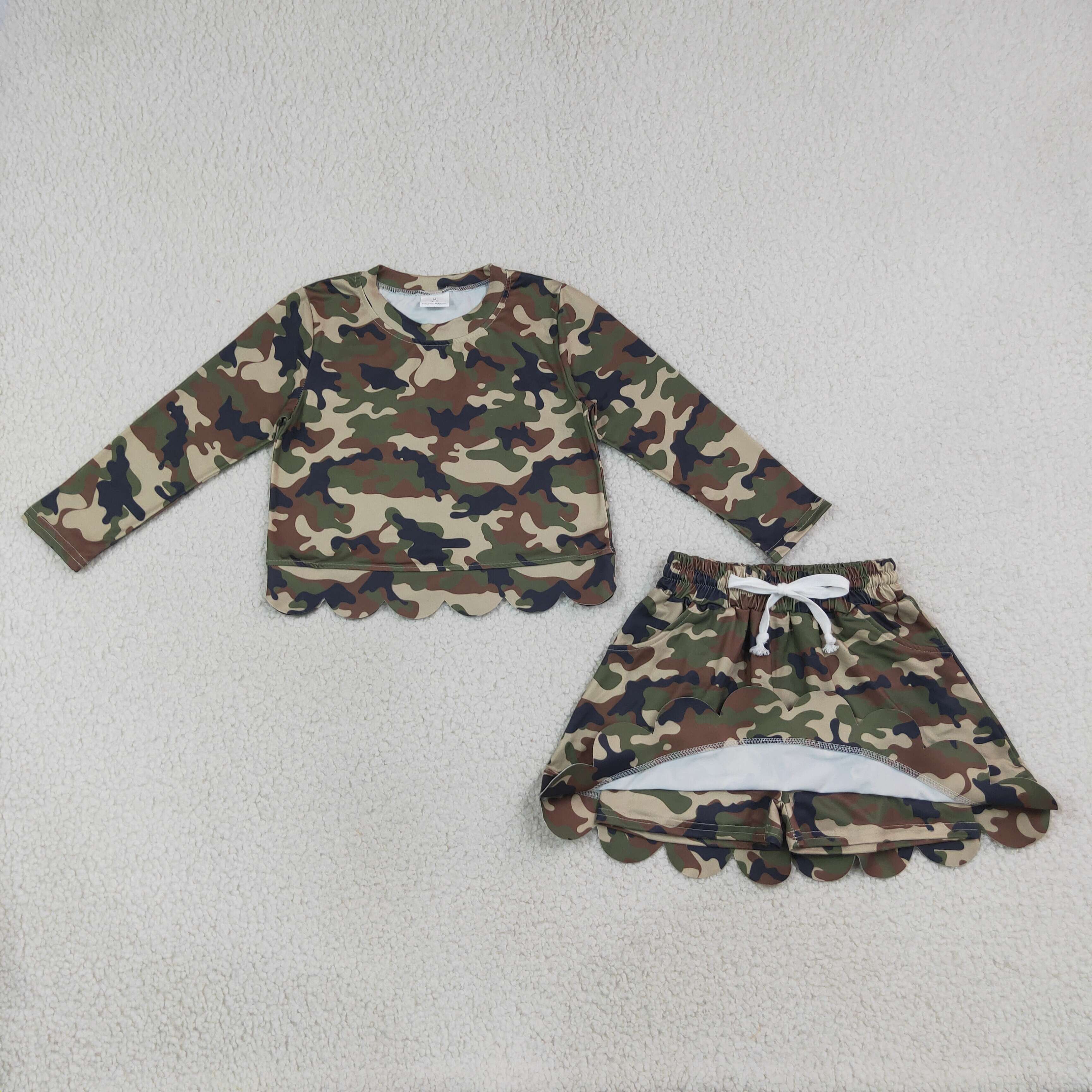 GLD1620  Brown green DUCK camo Print Long sleeve girl SCALLOP  outfits