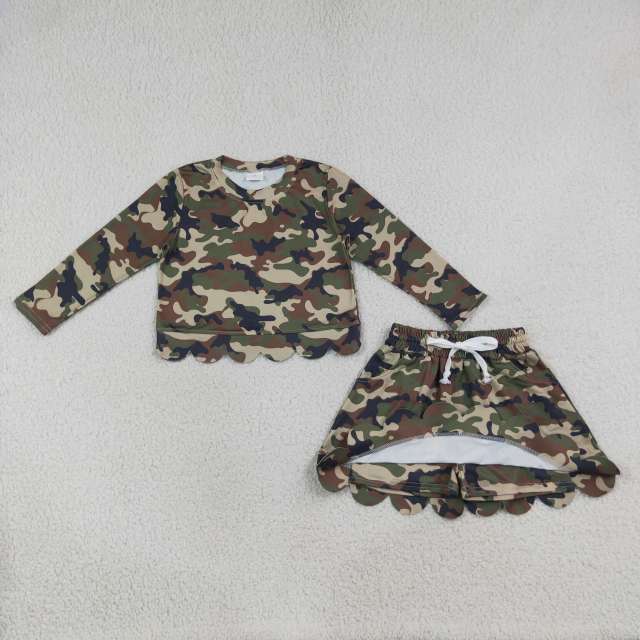 GLD1620  Brown green DUCK camo Print Long sleeve girl SCALLOP  outfits