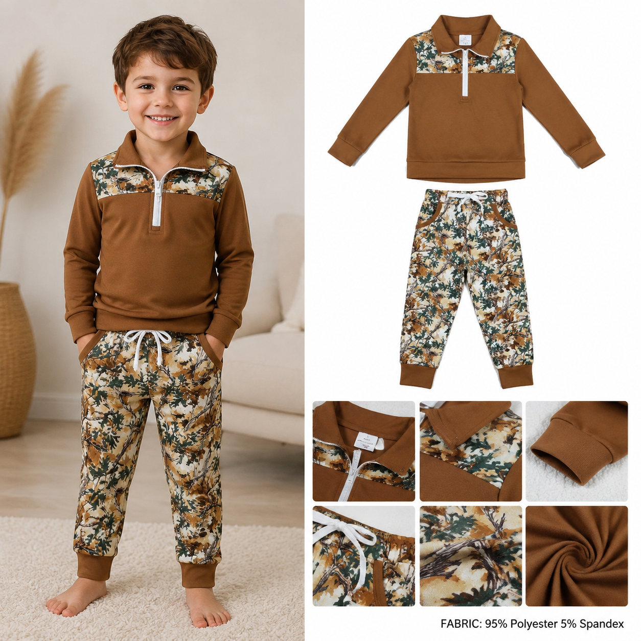BSPO1447 RTS Brown Southern leaves print long sleeve boy outfits